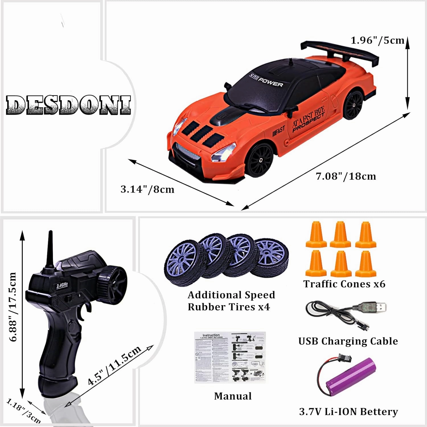 Remote Control Car RC Drift Car 2.4GHz 1:24 Scale 4WD High Speed RC Cars Vehicle with LED Lights Batteries and Drifting Tires Racing Sport Toy Cars for Adults Boys Girls Kids Gift