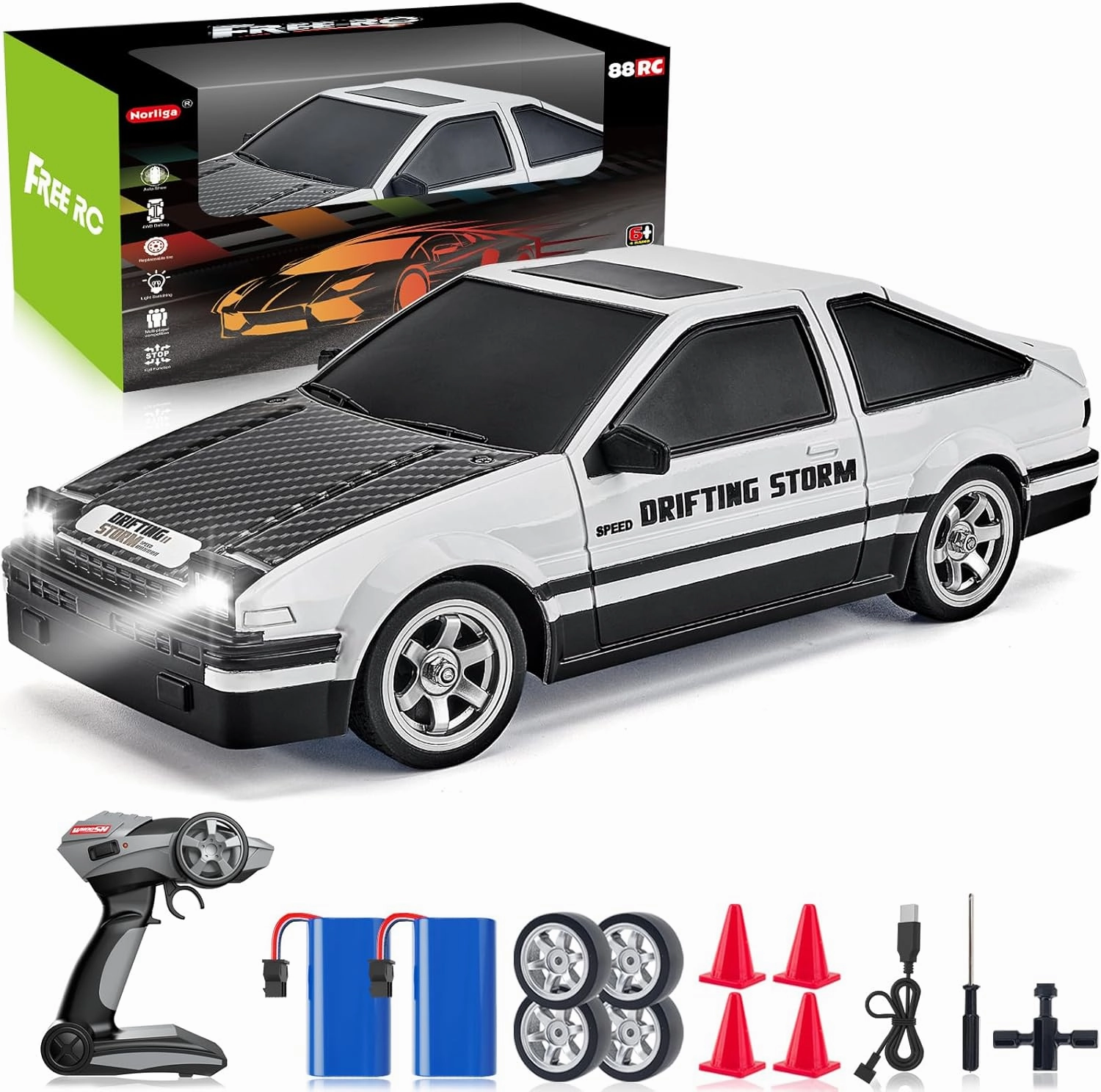 Remote Control Drift Car 1:16 Scale 4WD With LED Lights 2.4GHz 30km/h Hard Shell RTR High Speed Racing Sport Toy for Adults Boys Girls Kids Gift 2Pcs Rechargeable Batteries