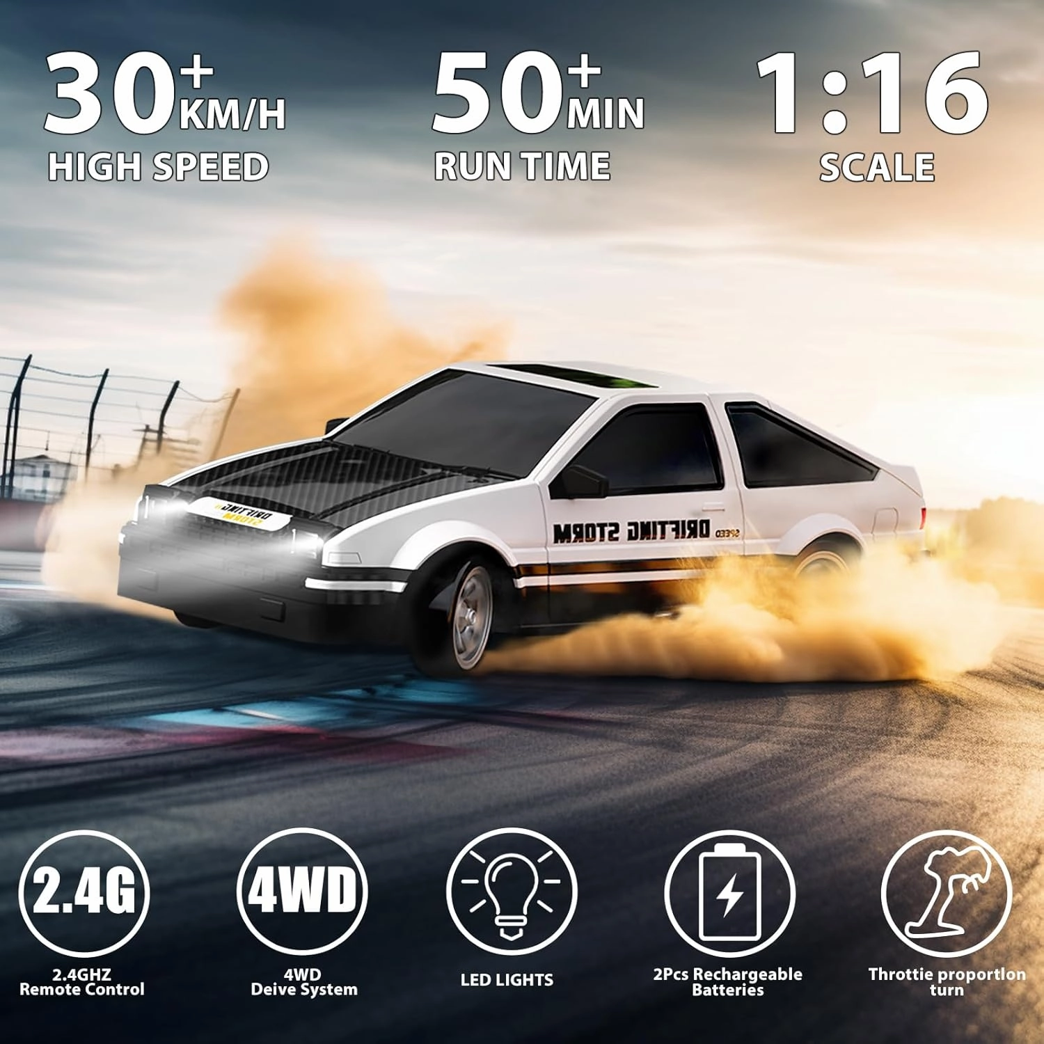 Remote Control Drift Car 1:16 Scale 4WD With LED Lights 2.4GHz 30km/h Hard Shell RTR High Speed Racing Sport Toy for Adults Boys Girls Kids Gift 2Pcs Rechargeable Batteries