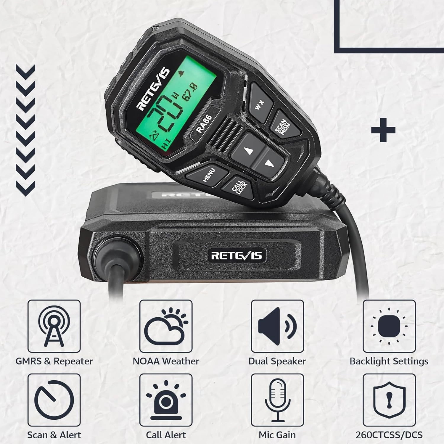 Retevis RA86 GMRS Mobile Radio, Dual Speakers NOAA High Power Transceiver, RA86 Long Range Mobile Radio (1 Pack) with Handheld RB17P Walkie Talkies (2 Packs), GMRS Communicate Kit for Jeeps