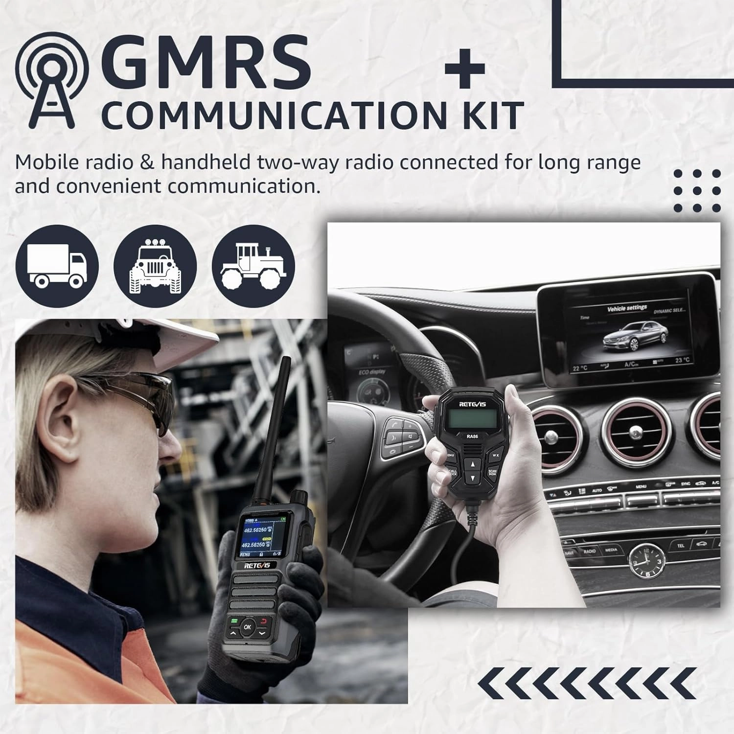 Retevis RA86 GMRS Mobile Radio, Dual Speakers NOAA High Power Transceiver, RA86 Long Range Mobile Radio (1 Pack) with Handheld RB17P Walkie Talkies (2 Packs), GMRS Communicate Kit for Jeeps