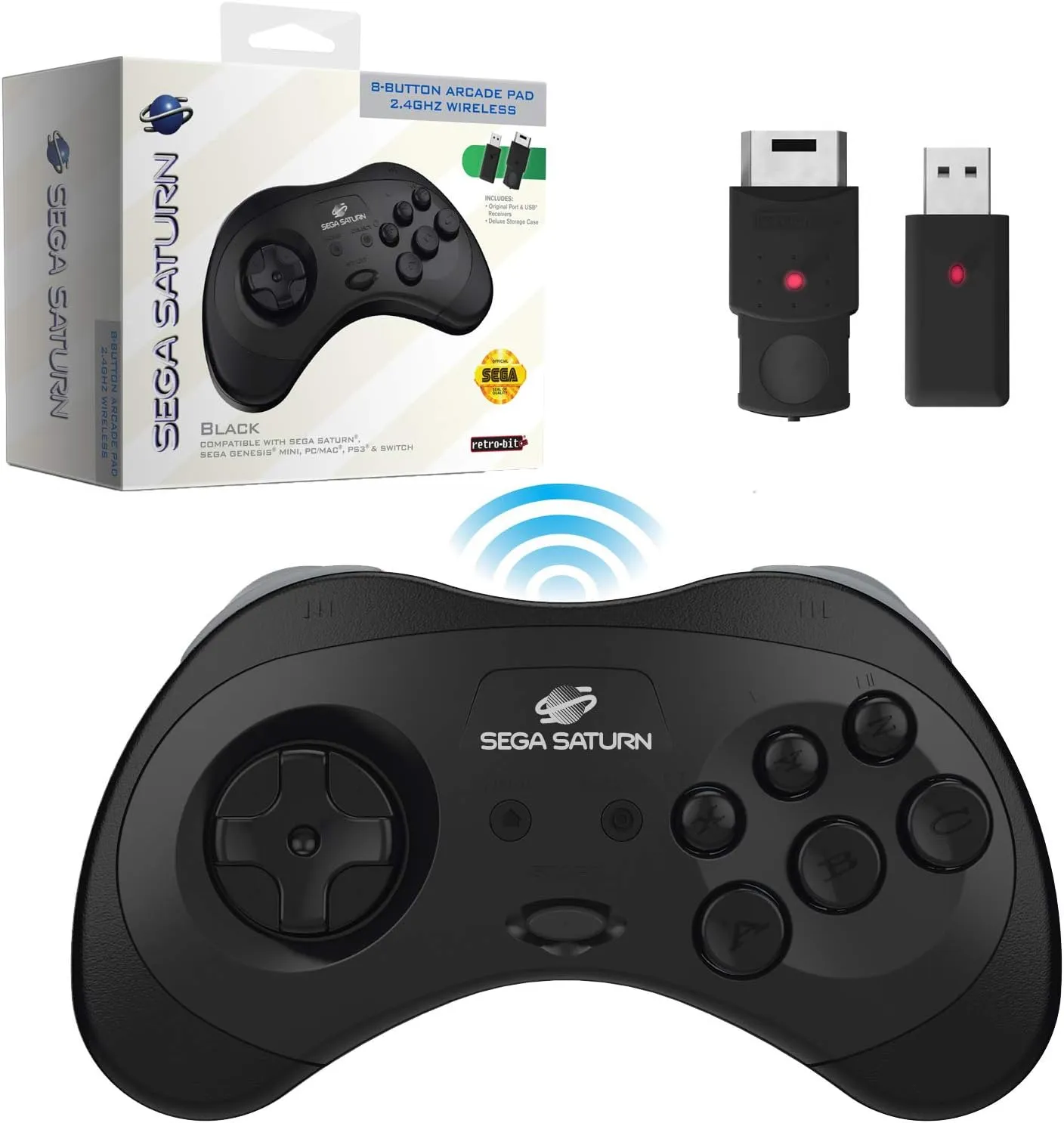 Retro-Bit Official Sega Saturn 2.4 GHz Wireless Controller for Sega Saturn, Sega Genesis Mini, Switch, PS3, PC, Mac - Includes 2 Receivers & Storage Case (Black)