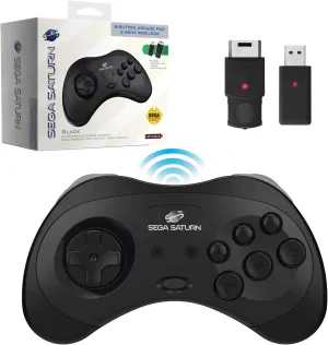 Retro-Bit Official Sega Saturn 2.4 GHz Wireless Controller for Sega Saturn, Sega Genesis Mini, Switch, PS3, PC, Mac - Includes 2 Receivers & Storage Case (Black)