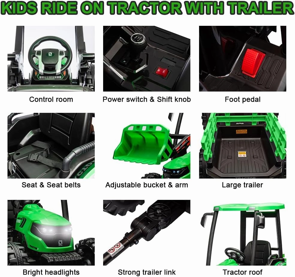 Ride on Tractor with Trailer&Front Loader, 3IN1 24V Dual Motors Ground Loader, Battery Powered Electric Ride on Tractor Toys with Safety Belt, Green(Kids Tractor with Trailer&Front Loader)