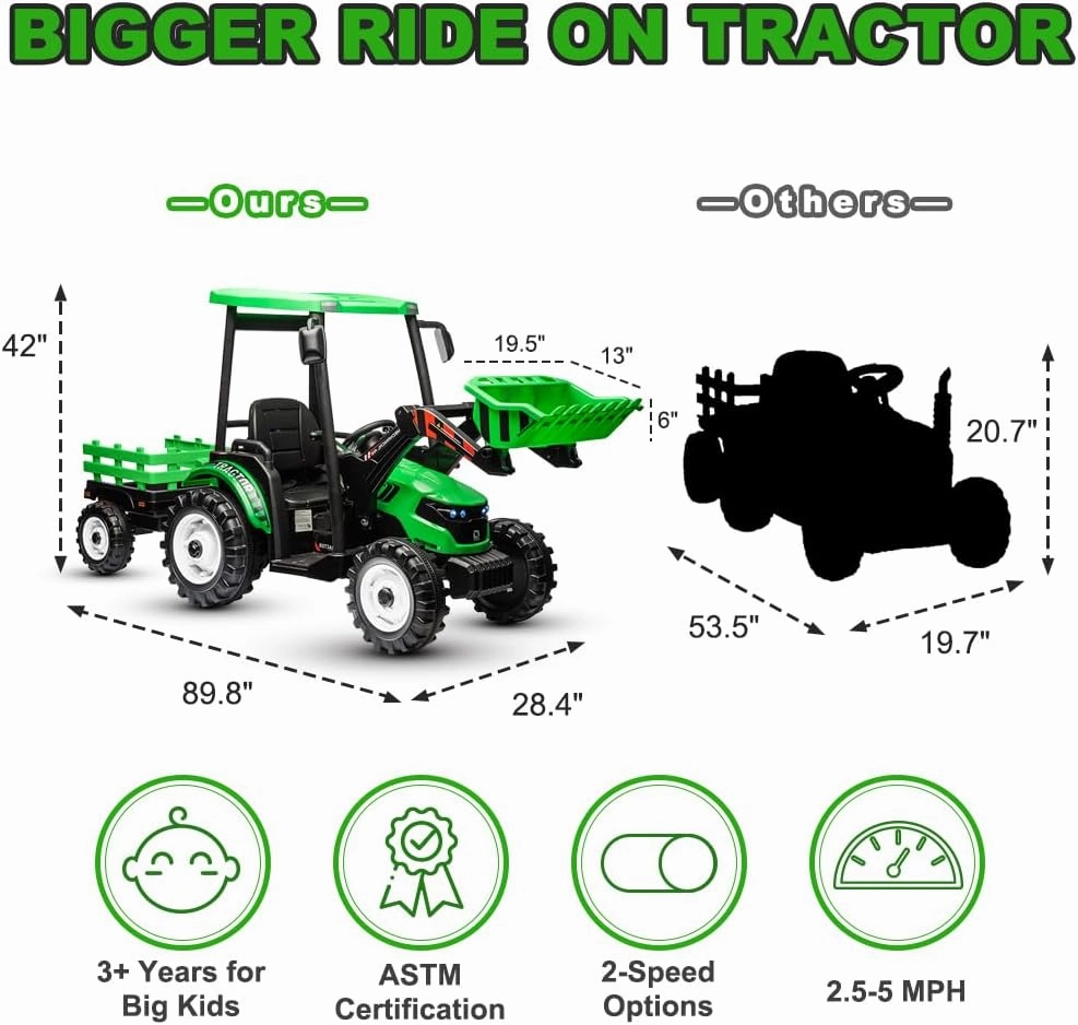 Ride on Tractor with Trailer&Front Loader, 3IN1 24V Dual Motors Ground Loader, Battery Powered Electric Ride on Tractor Toys with Safety Belt, Green(Kids Tractor with Trailer&Front Loader)
