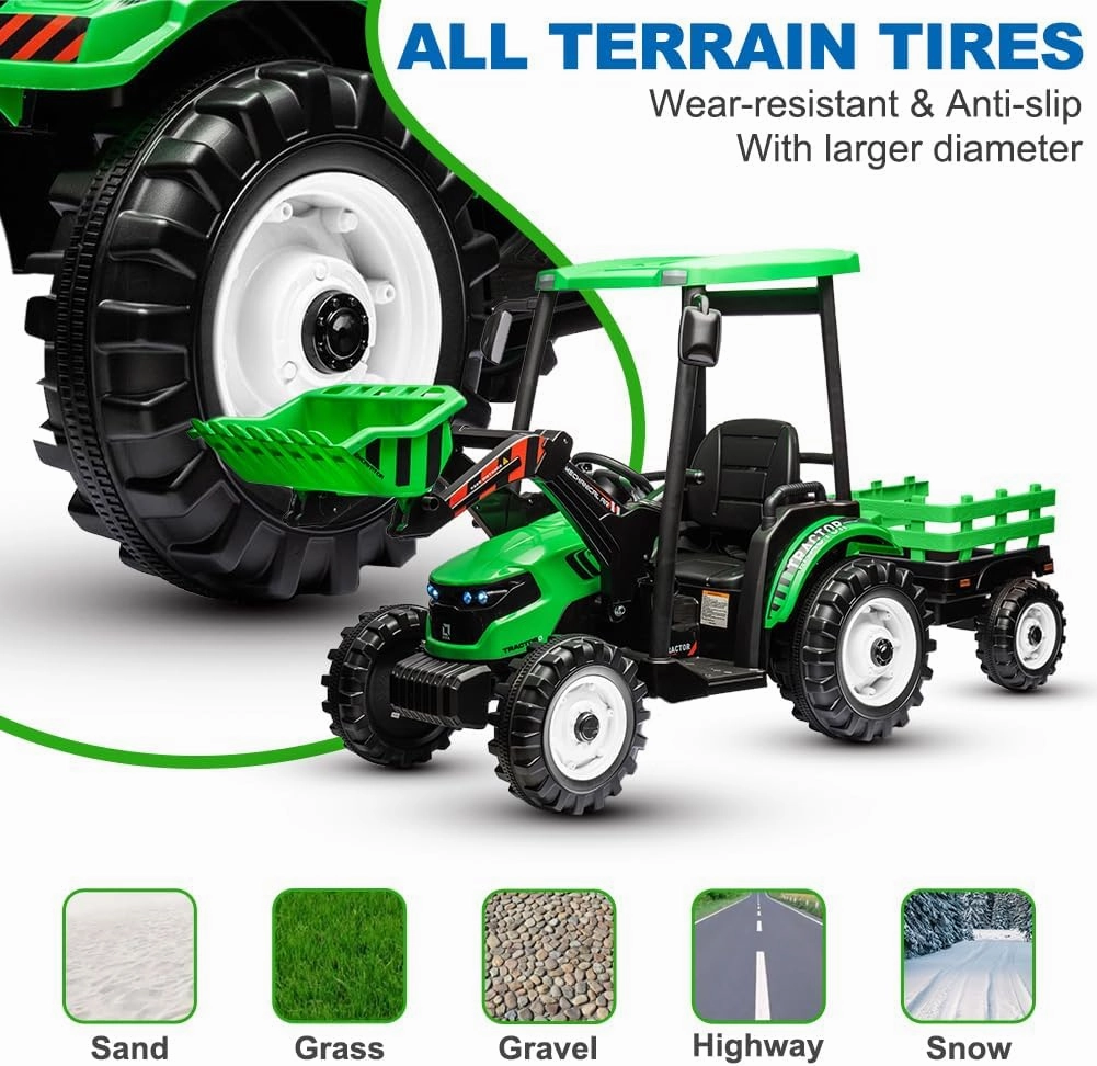 Ride on Tractor with Trailer&Front Loader, 3IN1 24V Dual Motors Ground Loader, Battery Powered Electric Ride on Tractor Toys with Safety Belt, Green(Kids Tractor with Trailer&Front Loader)
