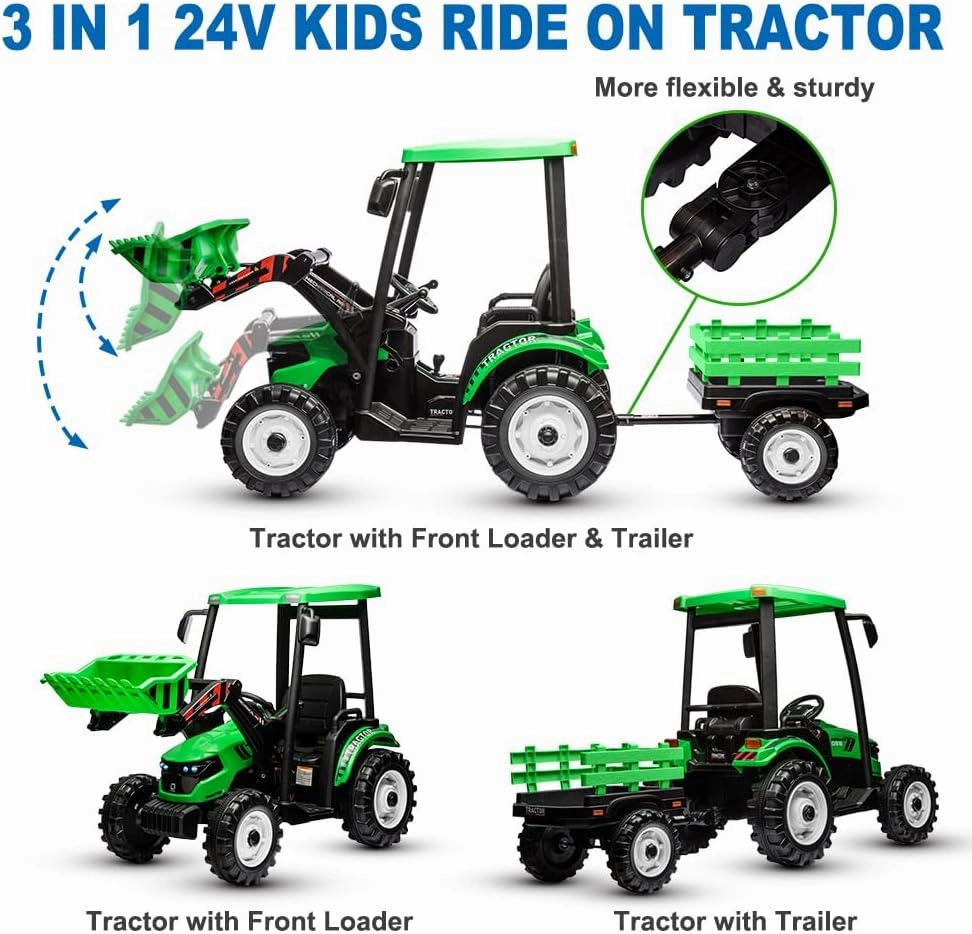 Ride on Tractor with Trailer&Front Loader, 3IN1 24V Dual Motors Ground Loader, Battery Powered Electric Ride on Tractor Toys with Safety Belt, Green(Kids Tractor with Trailer&Front Loader)