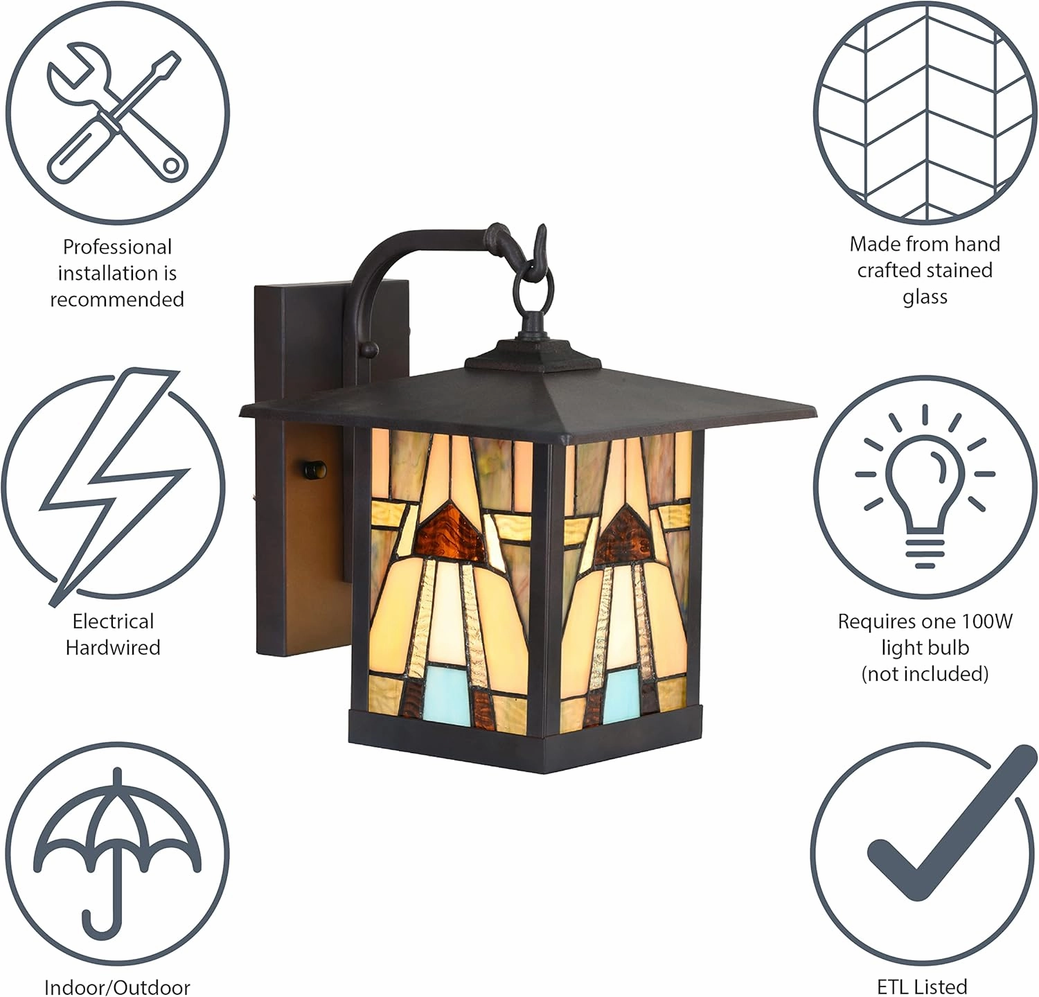 RIVER OF GOODS Stained Glass Outdoor Light Fixture - 11.75" H - Mission Style Porch Light - Mabel