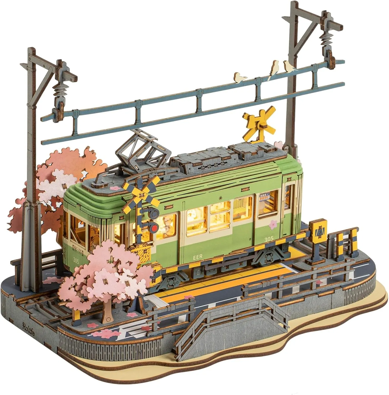 ROBOTIME 3D Puzzles for Adults DIY Model Building Toy with LED Light Wooden Craft Kits Diorama Tram Hobby for Kids Brain Teaser Gift (Sakura Journey)