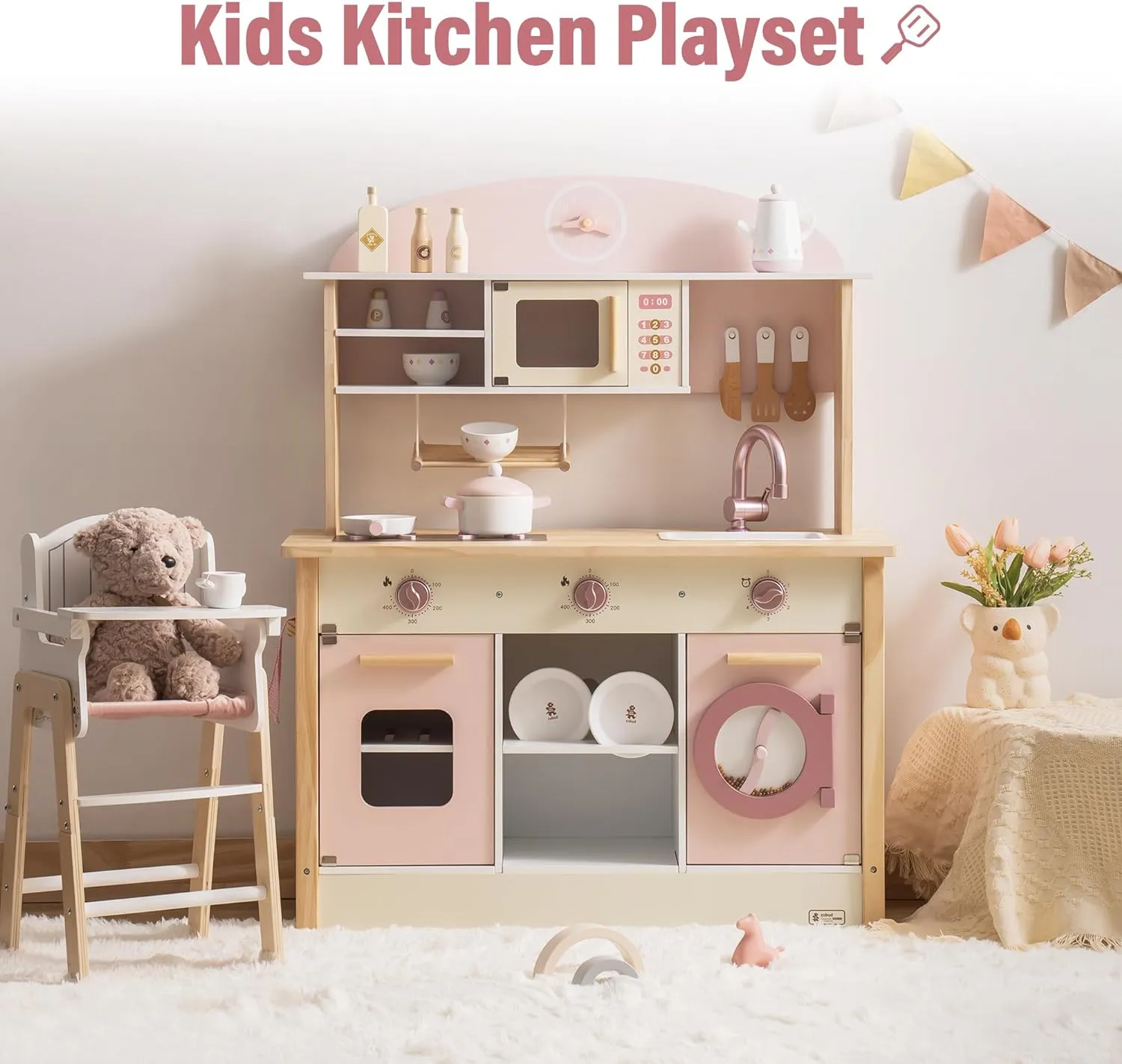 ROBUD Play Kitchen for Kids Toddlers, Wooden Play Kitchen with Realistic Accessories, Toy Kitchen Set with Plenty of Play Features, Modern Style Toy Kitchen for Girls & Boys, Gift for Ages 3 , Pink