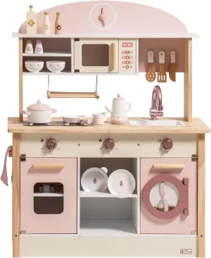 ROBUD Play Kitchen for Kids Toddlers, Wooden Play Kitchen with Realistic Accessories, Toy Kitchen Set with Plenty of Play Features, Modern Style Toy Kitchen for Girls & Boys, Gift for Ages 3 , Pink