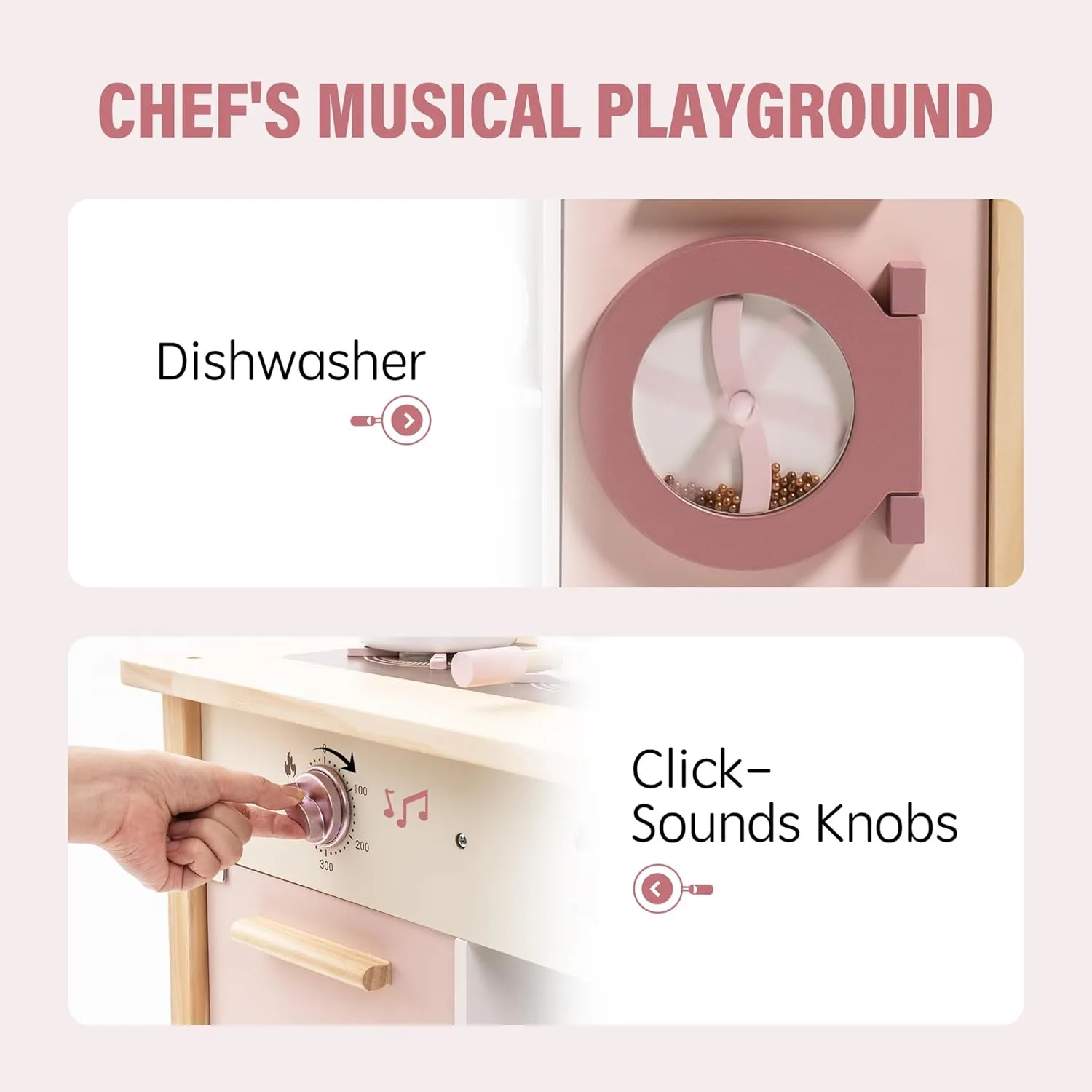 ROBUD Play Kitchen for Kids Toddlers, Wooden Play Kitchen with Realistic Accessories, Toy Kitchen Set with Plenty of Play Features, Modern Style Toy Kitchen for Girls & Boys, Gift for Ages 3 , Pink