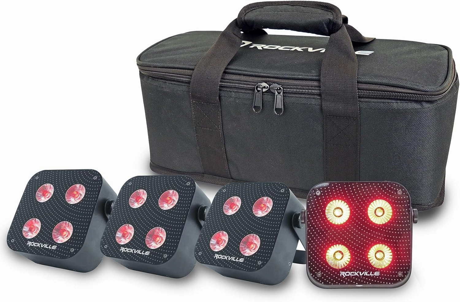 Rockville 4 Pack Mini IR4 Black, LED Wash Lights, RGBWA UV, Compact, App Control, LCD, Wireless DMX, Rechargeable, Perfect for DJ & Event Lighting