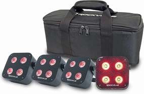 Rockville 4 Pack Mini IR4 Black, LED Wash Lights, RGBWA UV, Compact, App Control, LCD, Wireless DMX, Rechargeable, Perfect for DJ & Event Lighting