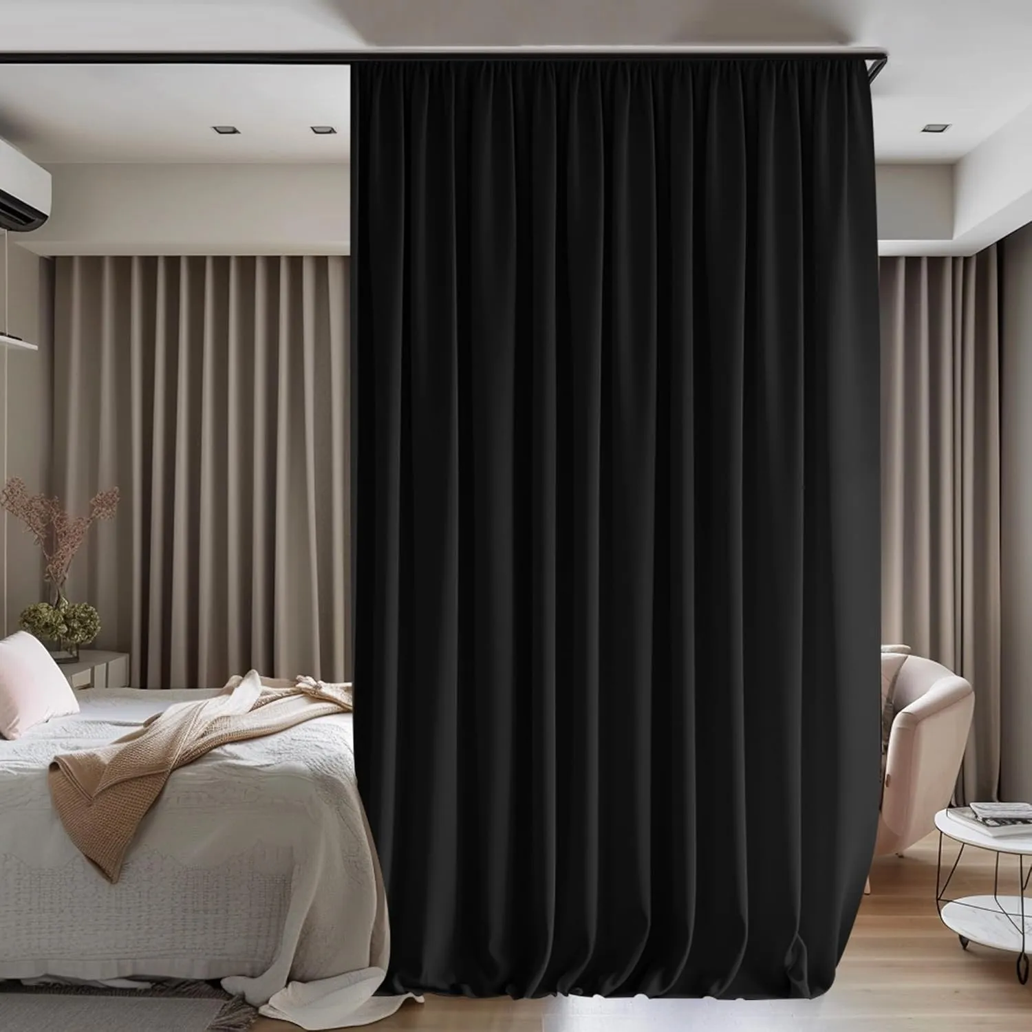 Room Divider Curtains Flexible Ceiling Tracks set Curtain track Ceiling Mount Blackout Curtain for Living Room Bedroom Ceiling Curtain Rod Privacy Dividers Panels W150 x H84 Black Drape & Black rail