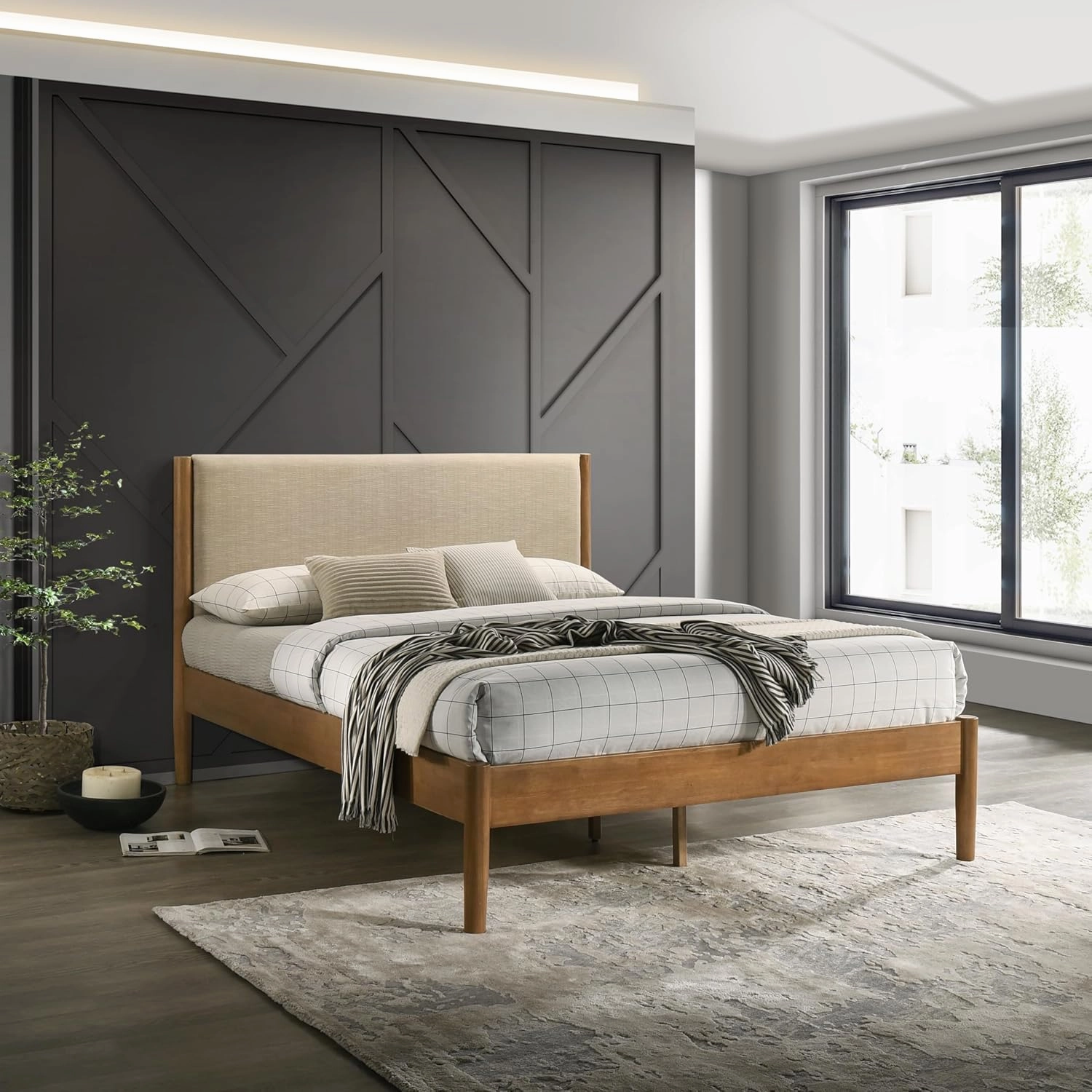 Roundhill Furniture Vichy Queen Platform Bed with Upholstered Headboard in Light Walnut