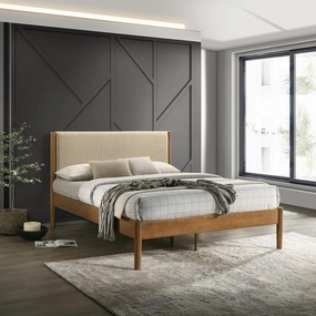 Roundhill Furniture Vichy Queen Platform Bed with Upholstered Headboard in Light Walnut