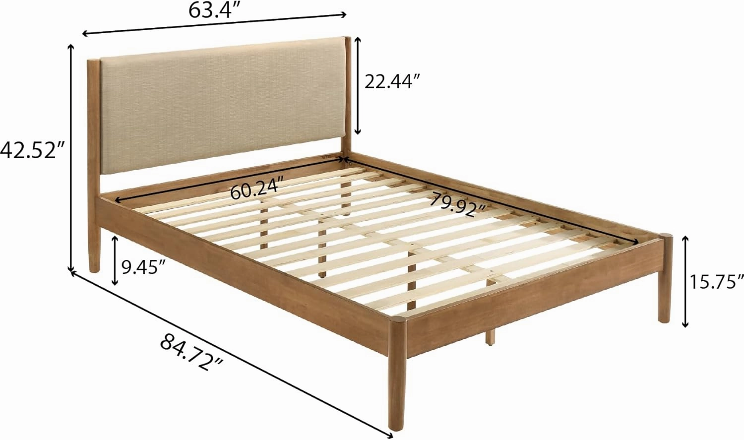Roundhill Furniture Vichy Queen Platform Bed with Upholstered Headboard in Light Walnut