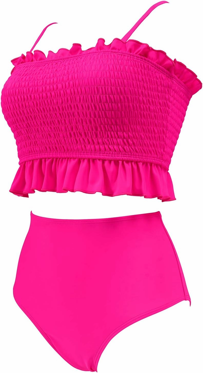 RXRXCOCO Womens Shirred Bandeau Bikini Cute Two Piece Swimsuit Off Shoulder High Waist Bathing Suit