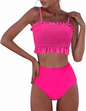 RXRXCOCO Womens Shirred Bandeau Bikini Cute Two Piece Swimsuit Off Shoulder High Waist Bathing Suit