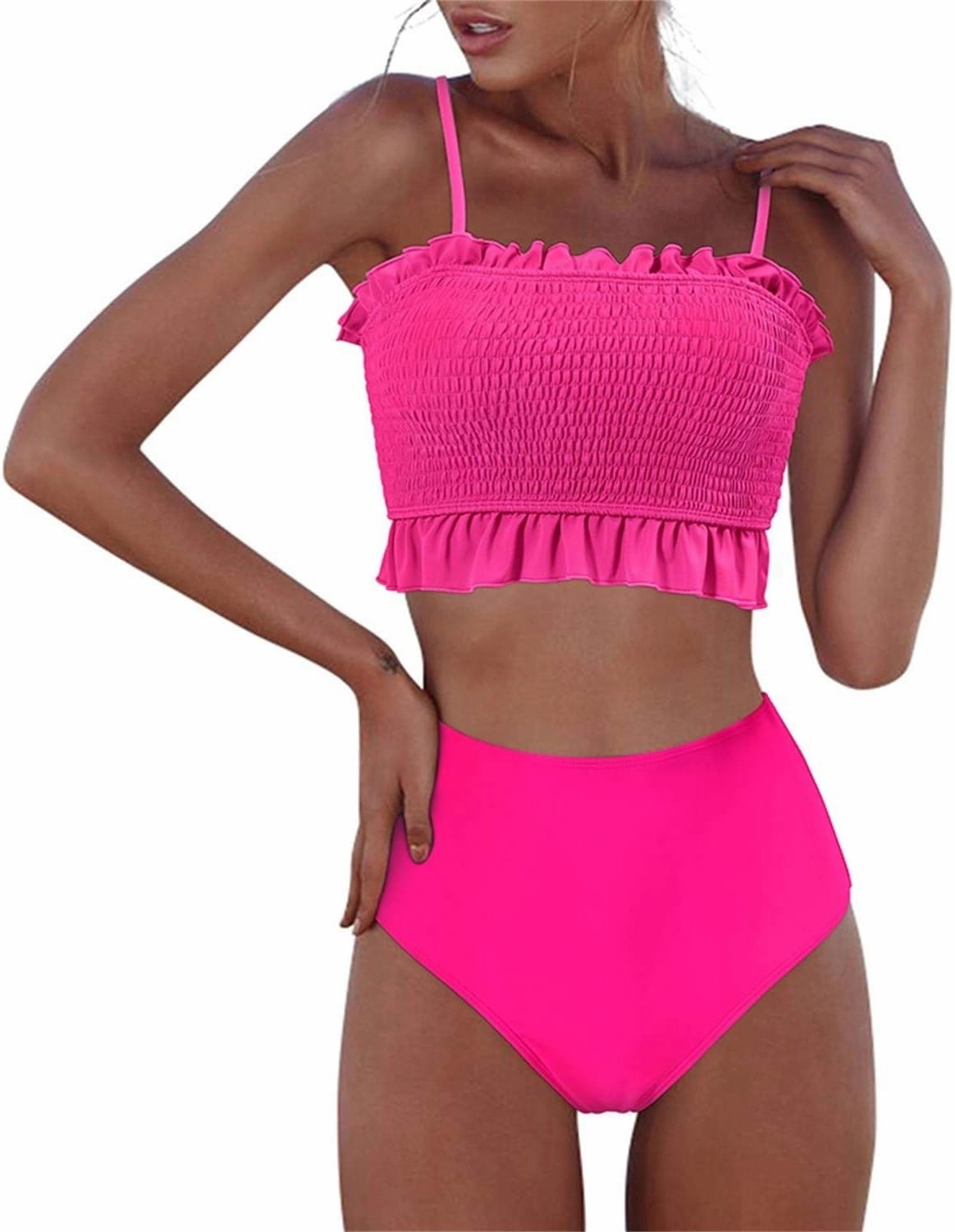 RXRXCOCO Womens Shirred Bandeau Bikini Cute Two Piece Swimsuit Off Shoulder High Waist Bathing Suit