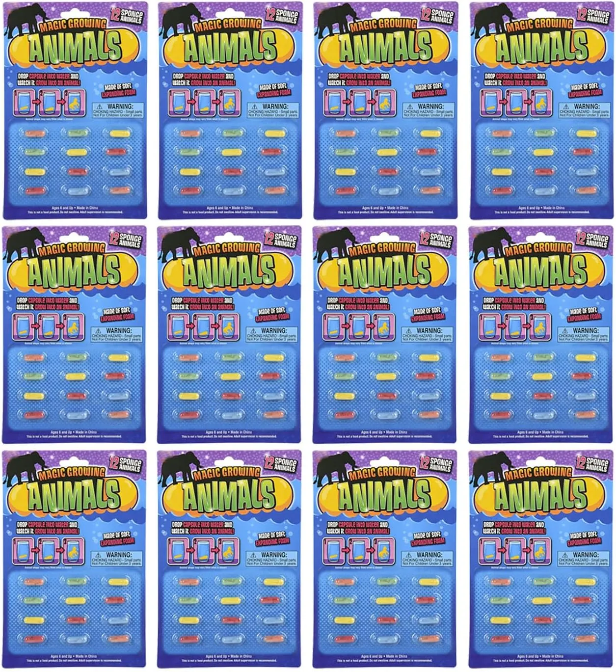 Safari Animal Sponges - 12 Packs of 12 Capsules Each (144 Capsules) - Grow an Animal in Water - Toy Bath Fun Science Expanding Novelty Magic Absorbent (12 Packs with 12 Capsules Each (144 Capsules))