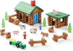 SainSmart Jr. Wooden Log Cabin Set Farm Building House Toy for Toddlers, 122 PCS Classic STEM Construction Kit with Colorful Wood Logs Blocks for 3  Years Old