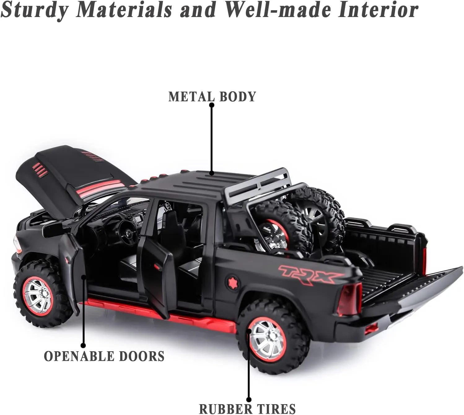 SASBSC Toy Trucks for Boys Age 3-8 RAM 1500 Pickup Truck Toys for 3 4 5 6 7 8 Year Old Kids Diecast Trucks with Light and Sound Metal Toy Cars for Kids Birthday (Black)
