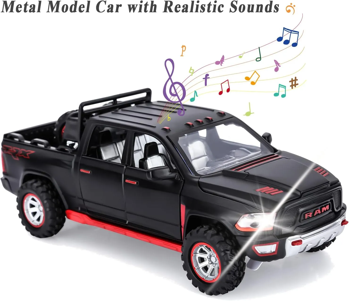 SASBSC Toy Trucks for Boys Age 3-8 RAM 1500 Pickup Truck Toys for 3 4 5 6 7 8 Year Old Kids Diecast Trucks with Light and Sound Metal Toy Cars for Kids Birthday (Black)