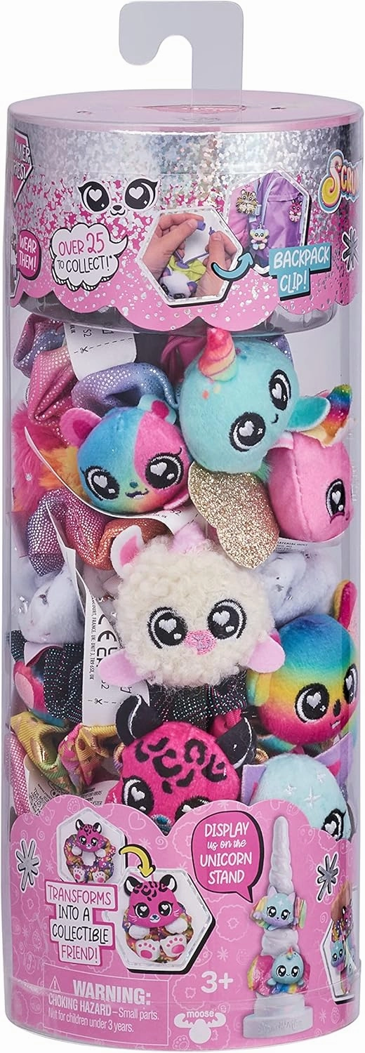 SCRUNCHMIEZ 96553 Seven Pack, Exclusive Magically transforms from Hair Scrunchie to Cute Plush Friend as Well as Backpack Clip. So Many Characters to Collect & wear