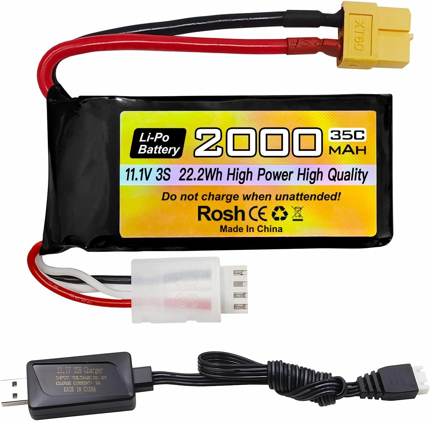 sea jump 3S Lipo Battery 11.1V 2000mAh 35C with XT60 Plug and USB Charging Cable Suitable for RC Car, Truck, RC Ship, RC Drone Quadcopter Helicopter, FPV Drone Battery