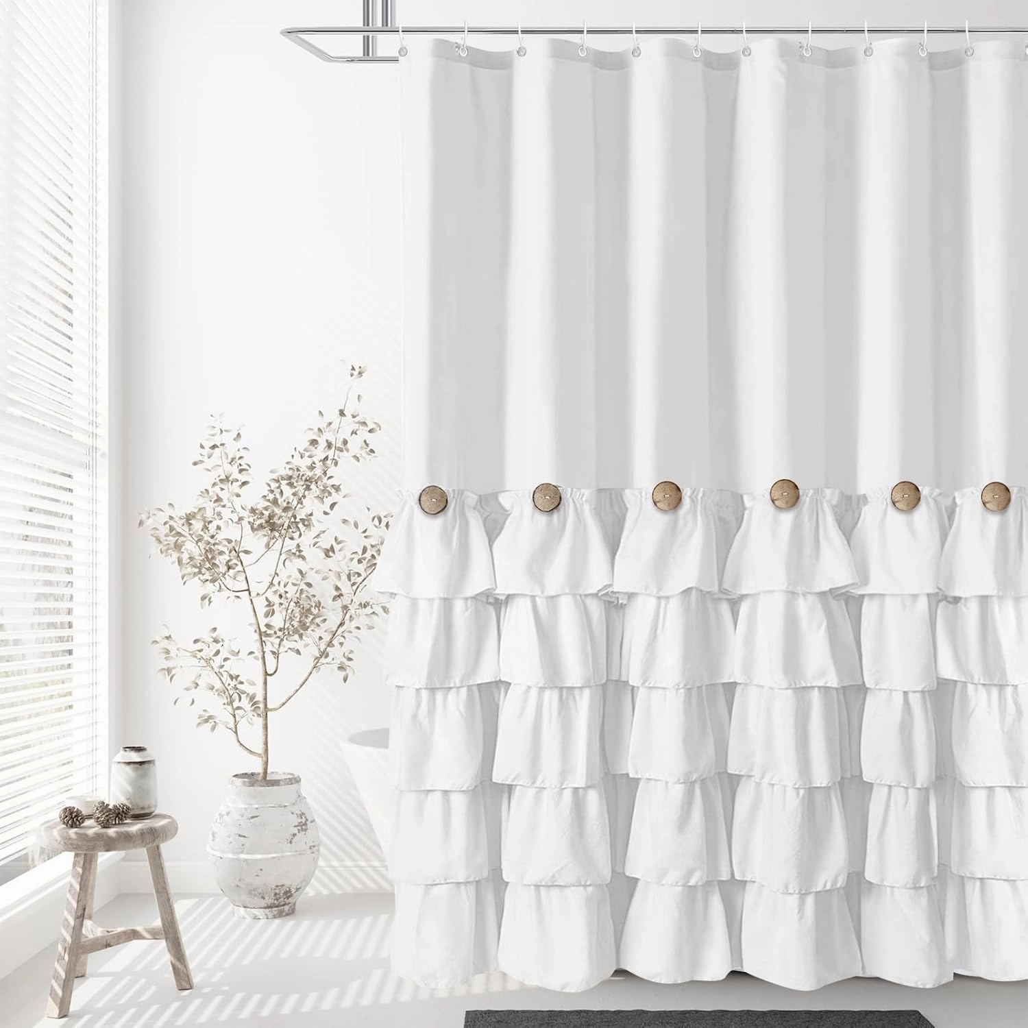 Seasonwood White Ruffle Shower Curtain Farmhouse Shower Curtain 72 X 72inch Fabric Shower Curtains with Buttons & White Ruffles for Bathroom Bathtubs Decor Accessory