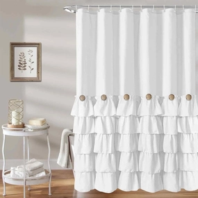 Seasonwood White Ruffle Shower Curtain Farmhouse Shower Curtain 72 X 72inch Fabric Shower Curtains with Buttons & White Ruffles for Bathroom Bathtubs Decor Accessory