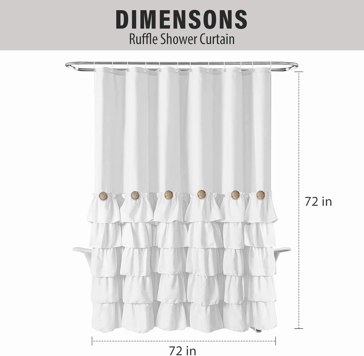 Seasonwood White Ruffle Shower Curtain Farmhouse Shower Curtain 72 X 72inch Fabric Shower Curtains with Buttons & White Ruffles for Bathroom Bathtubs Decor Accessory