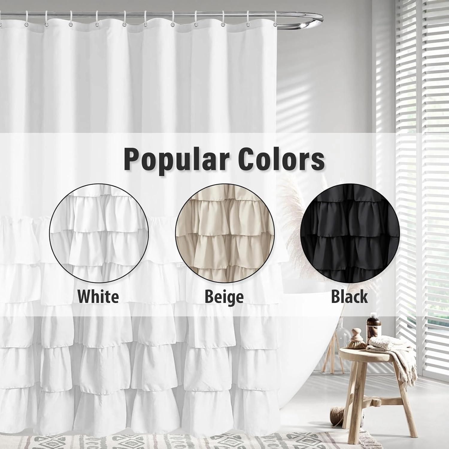 Seasonwood White Ruffle Shower Curtain Farmhouse Shower Curtain 72 X 72inch Fabric Shower Curtains with Buttons & White Ruffles for Bathroom Bathtubs Decor Accessory