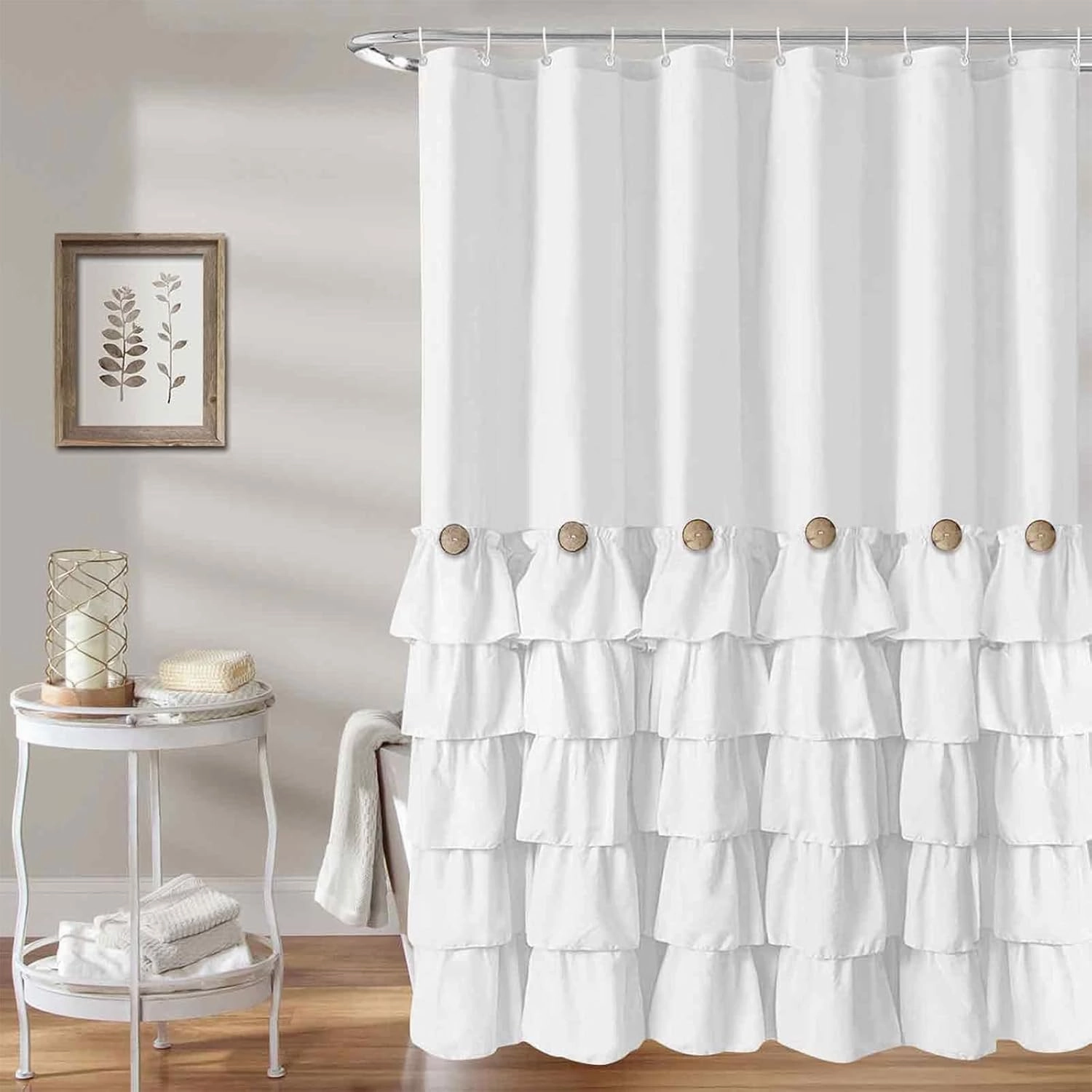 Seasonwood White Ruffle Shower Curtain Farmhouse Shower Curtain 72 X 72inch Fabric Shower Curtains with Buttons & White Ruffles for Bathroom Bathtubs Decor Accessory