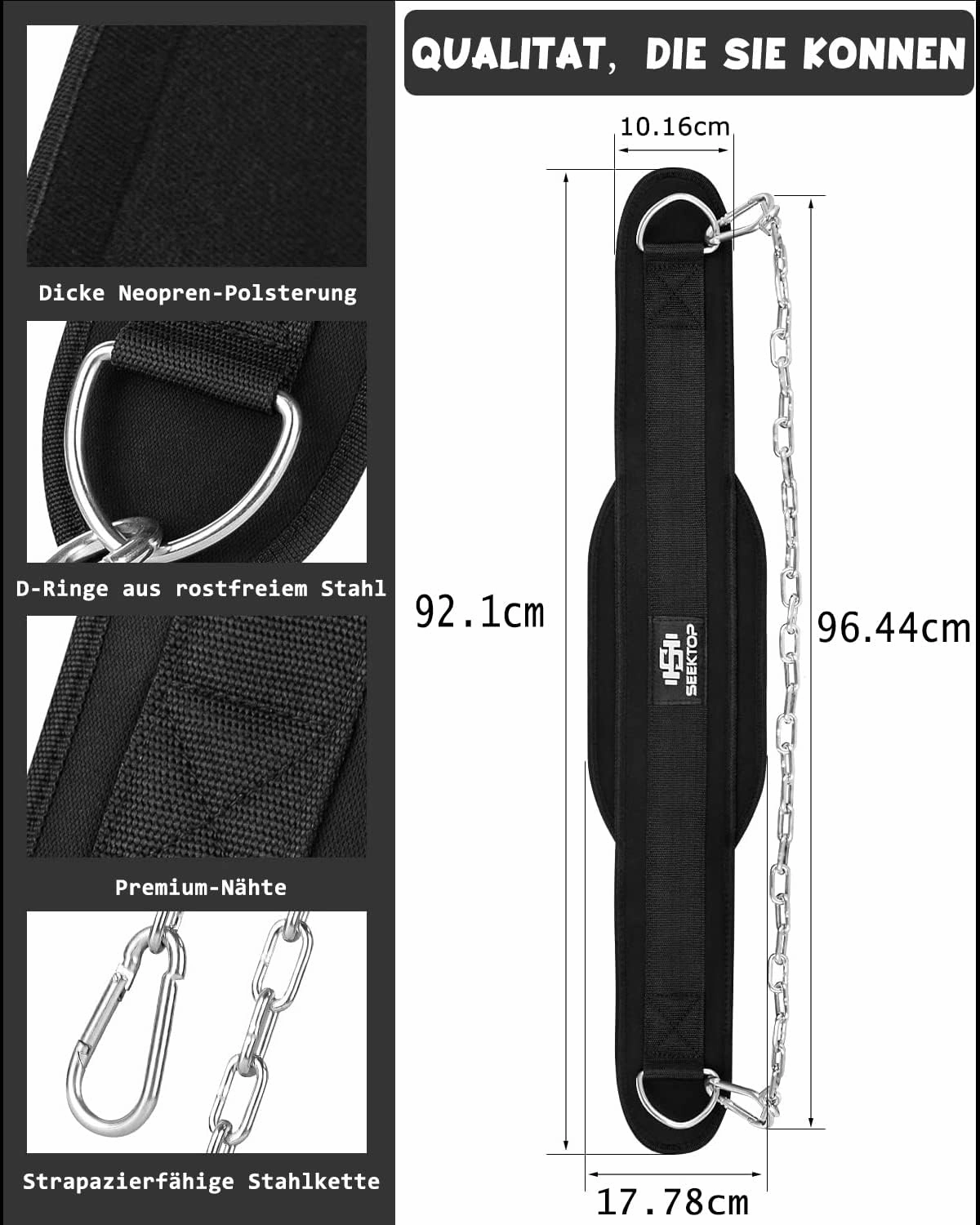 Seektop Dip Belt With Chain for Weightlifting - Neoprene Waist Belt for GYM Workout, Pull Ups, Crossfit, Weight Lifting, Squat, Training, Fitness - for Men & Women