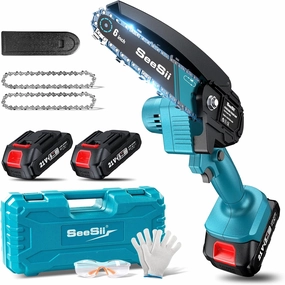 Seesii Mini Chainsaw Cordless 6-inch, Handheld Electric Power Chain Saw with 2 Batteries, for Tree Trimming Wood Cutting, Best Gifts for Dad, Husband