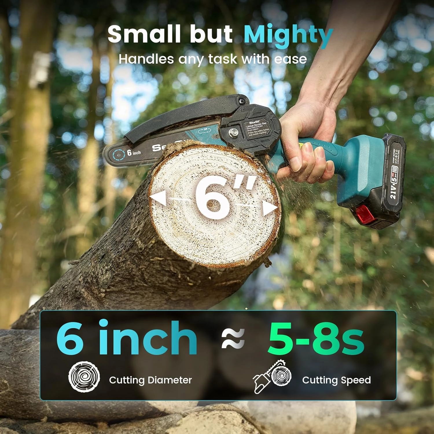 Seesii Mini Chainsaw Cordless 6-inch, Handheld Electric Power Chain Saw with 2 Batteries, for Tree Trimming Wood Cutting, Best Gifts for Dad, Husband