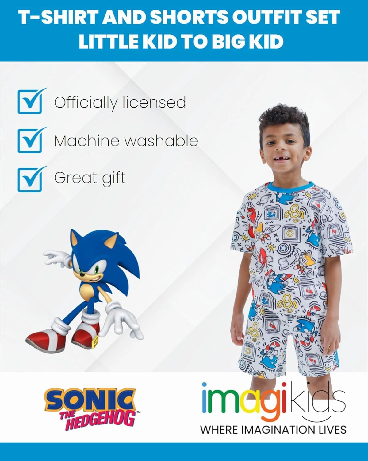 SEGA Sonic the Hedgehog Tails Knuckles French Terry T-Shirt and Bike Shorts Outfit Set Little Kid to Big Kid