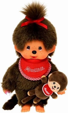 Sekiguchi 242184 – Original Monchhichi Girl Soft Toy with Mini Monchhichi with Red Bib and Bow in Hair Approx. 20 cm Brown Plush
