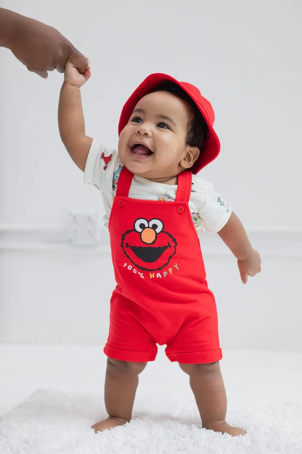 Sesame Street Elmo French Terry Short Overalls T-Shirt and Hat 3 Piece Outfit Set Newborn to Toddler