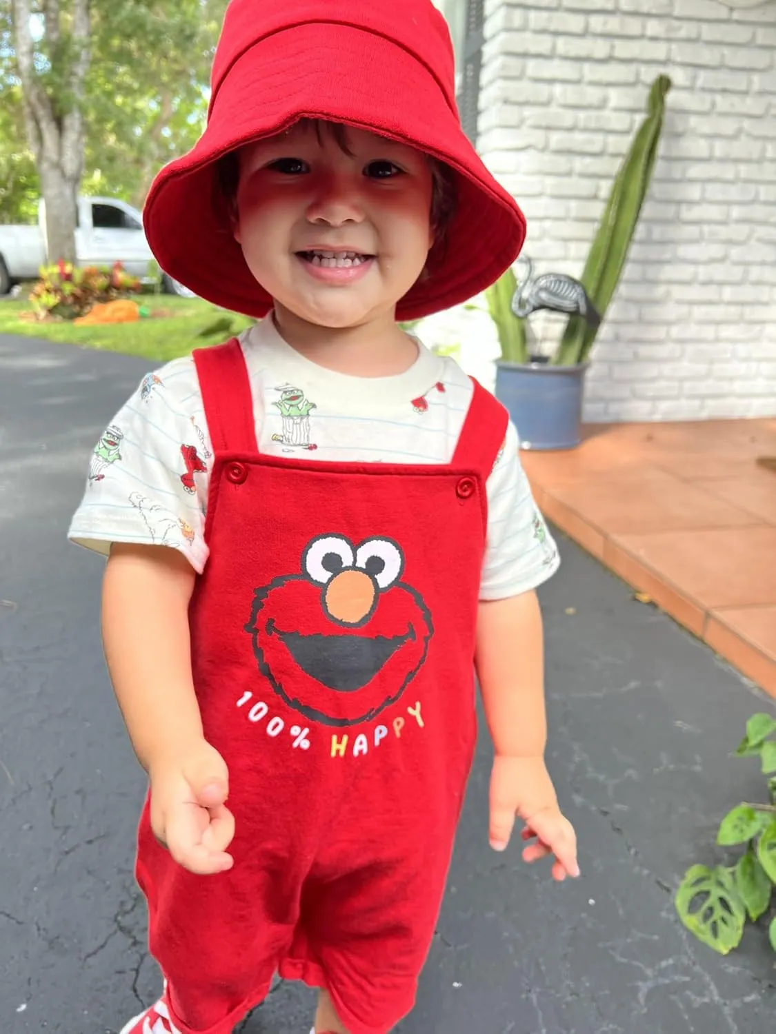 Sesame Street Elmo French Terry Short Overalls T-Shirt and Hat 3 Piece Outfit Set Newborn to Toddler