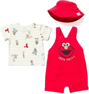 Sesame Street Elmo French Terry Short Overalls T-Shirt and Hat 3 Piece Outfit Set Newborn to Toddler