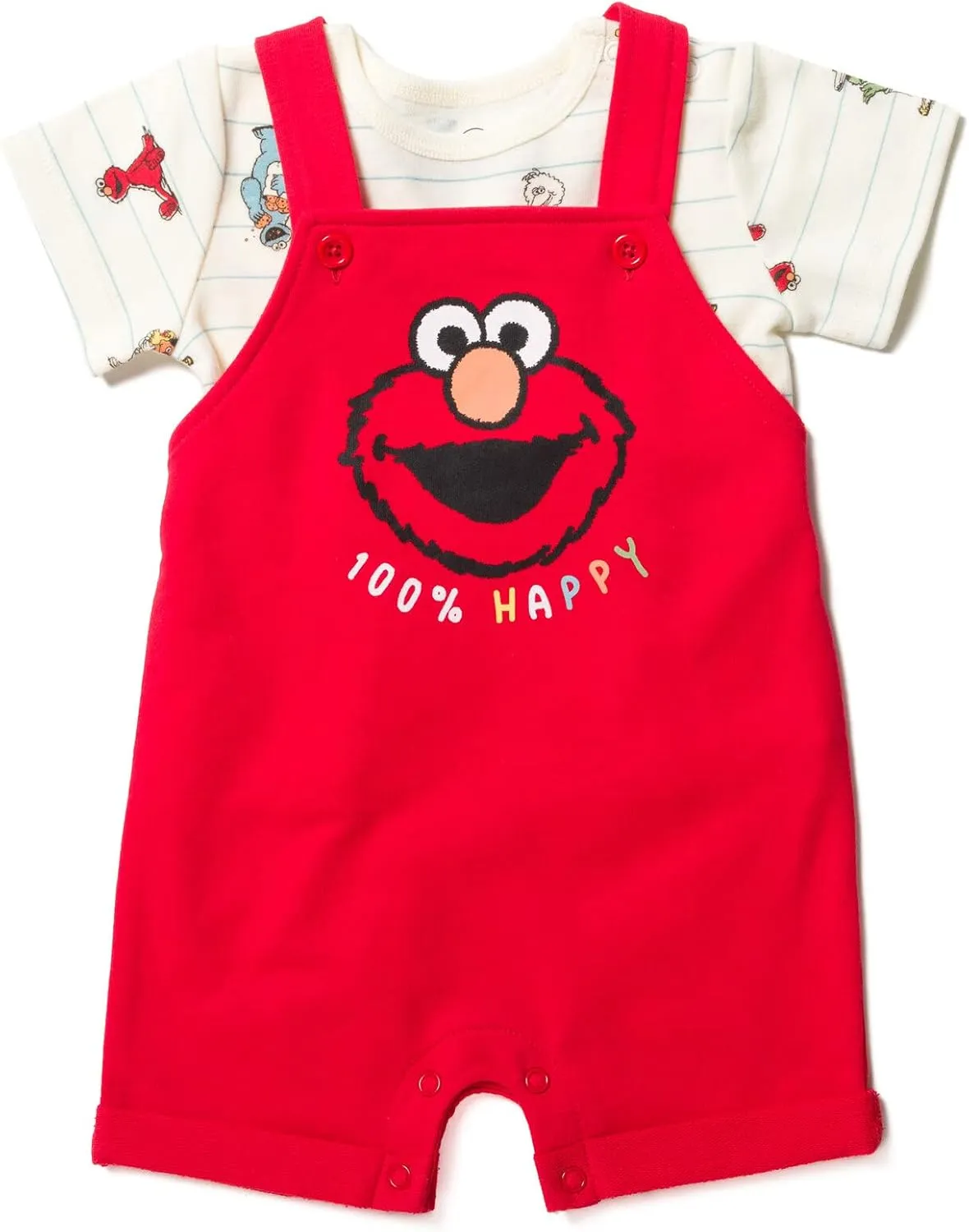 Sesame Street Elmo French Terry Short Overalls T-Shirt and Hat 3 Piece Outfit Set Newborn to Toddler