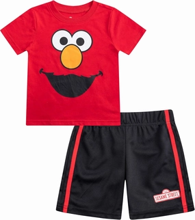 Sesame Street Boys’ Elmo and Cookie Monster Tee and Short Set for Infant and Toddler – Red/Blue