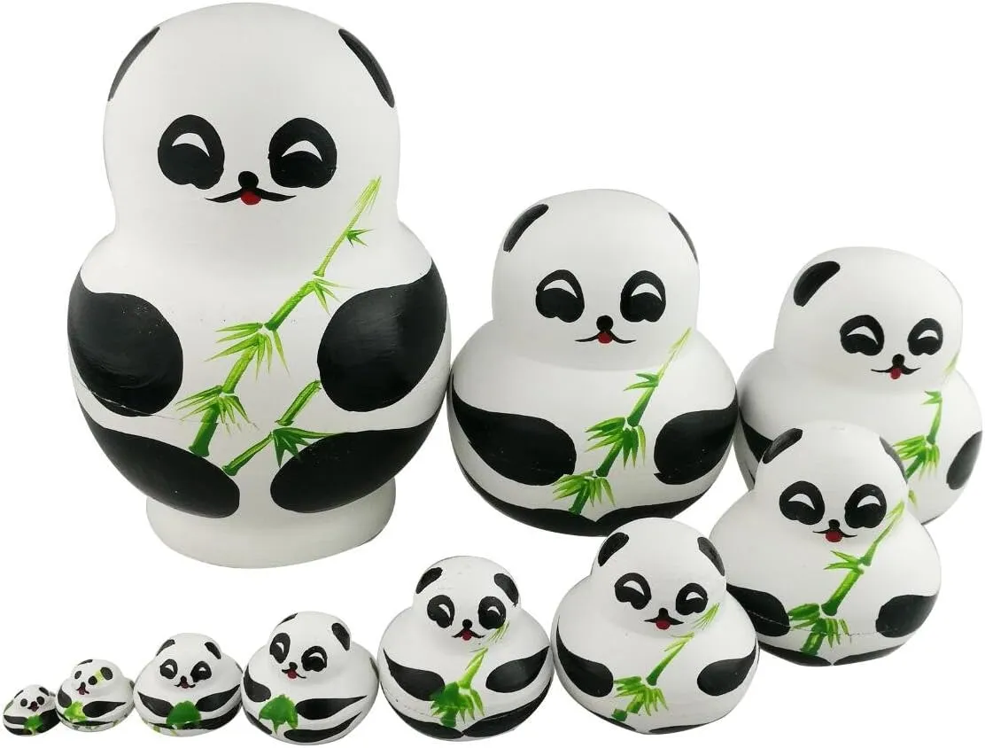 Set of 10 Cute Giant Panda Bear with Green Bamboo Nesting Dolls Matryoshka Animal Russian Handmade Kids Girl Surprise Christmas Holiday Birthday Toy Home Office Decoration