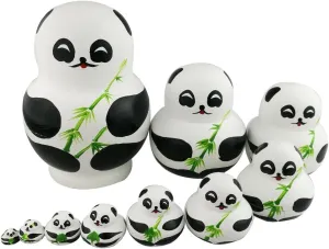 Set of 10 Cute Giant Panda Bear with Green Bamboo Nesting Dolls Matryoshka Animal Russian Handmade Kids Girl Surprise Christmas Holiday Birthday Toy Home Office Decoration