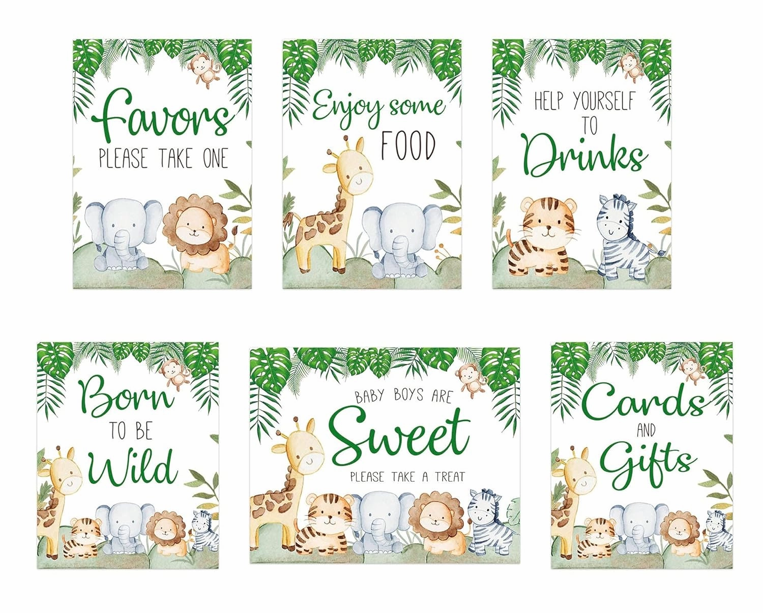 Set of 6 Jungle Safari Baby Shower Signs, Cute Jungle Baby Animals, Safari Baby Shower Decorations, 8x10 signs, Food, Drink, Welcome Signs