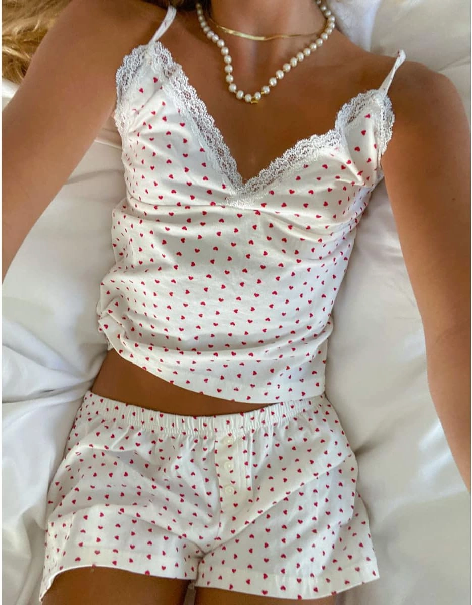 Seyurigaoka Women Y2k 2 Piece Lace Shorts Set Sleeveless V Neck Cami Top with Shorts Pajamas Sets Sleepwear